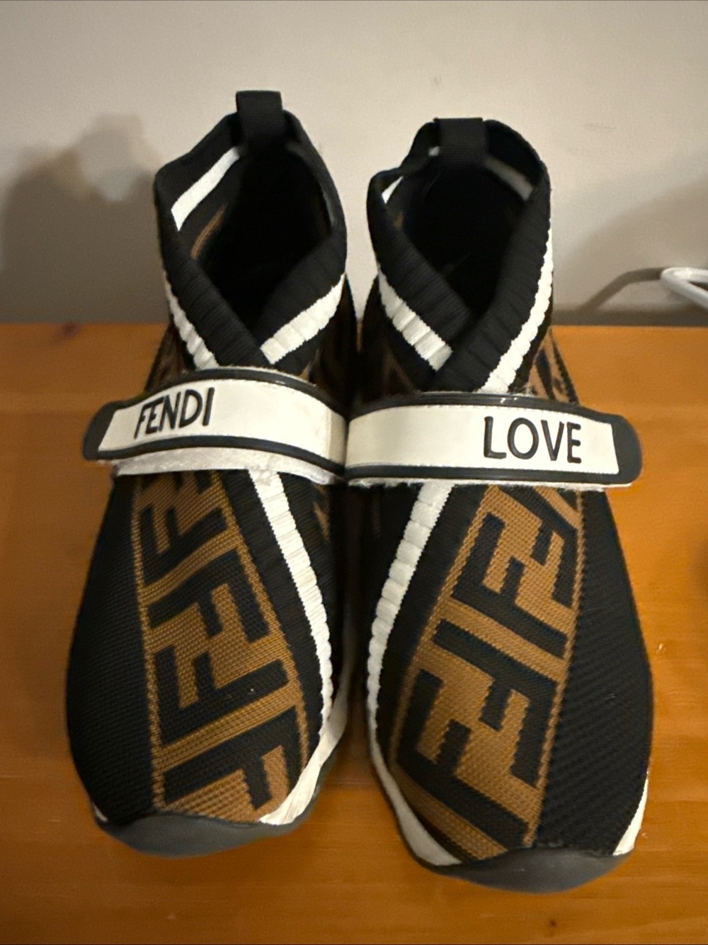 Fendi Black & Brown FF Logo Slip-On Sneakers with White 'FENDI LOVE' Strap